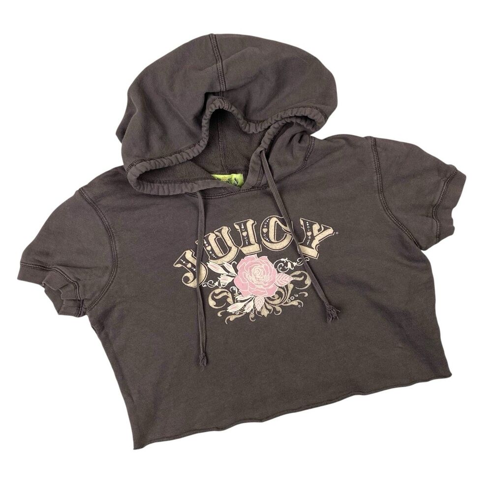 Juicy Couture Girls L Cropped Hoodie Brown Short Sleeve Pullover Rose Logo Y2K